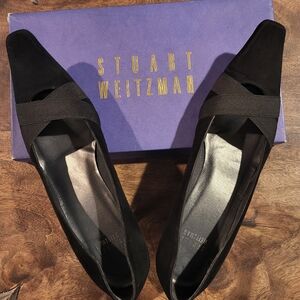 Stuart Weitzman Black Suede Kitten Heels with Elastic Cross-straps 7.5 M